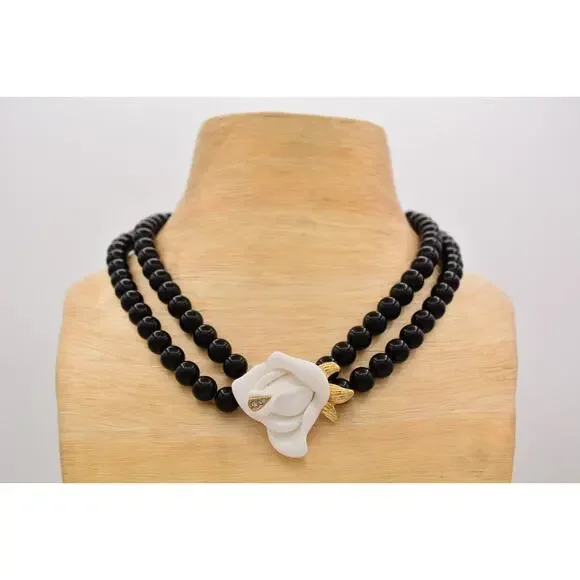 KJL Avon Necklace Collar White Rose Black Beaded Gold Tone Crystal Signed 9A - Picture 3 of 12